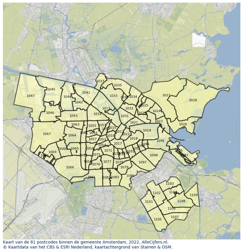 Afbeelding van de postcodes in de gemeente Amsterdam op de kaart.