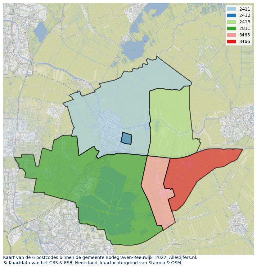Afbeelding van de postcodes in de gemeente Bodegraven-Reeuwijk op de kaart.