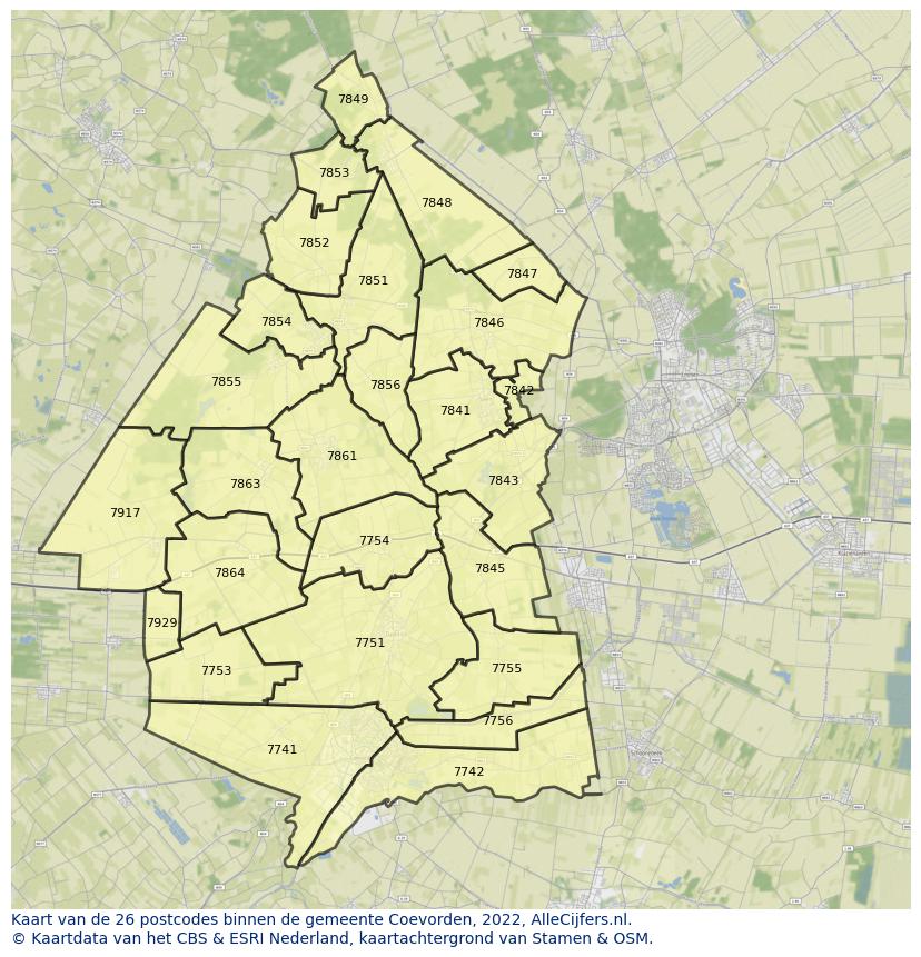 Afbeelding van de postcodes in de gemeente Coevorden op de kaart.
