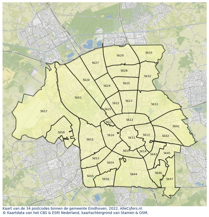 Afbeelding van de postcodes in de gemeente Eindhoven op de kaart.