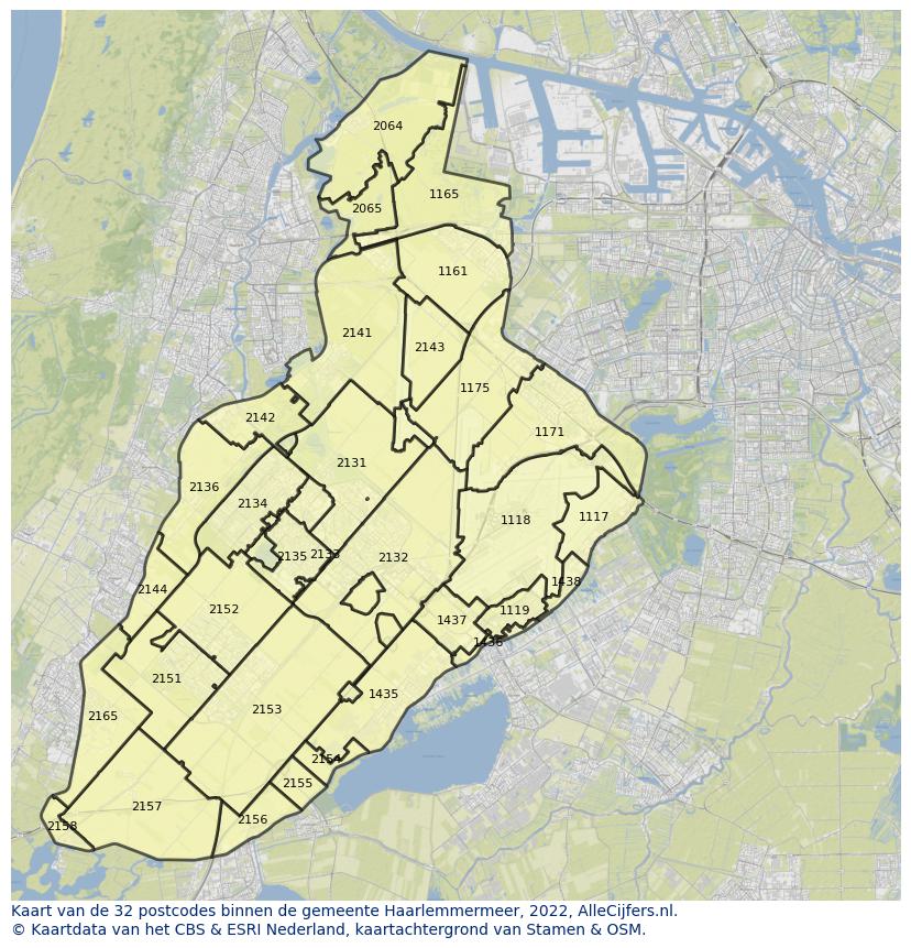 Afbeelding van de postcodes in de gemeente Haarlemmermeer op de kaart.