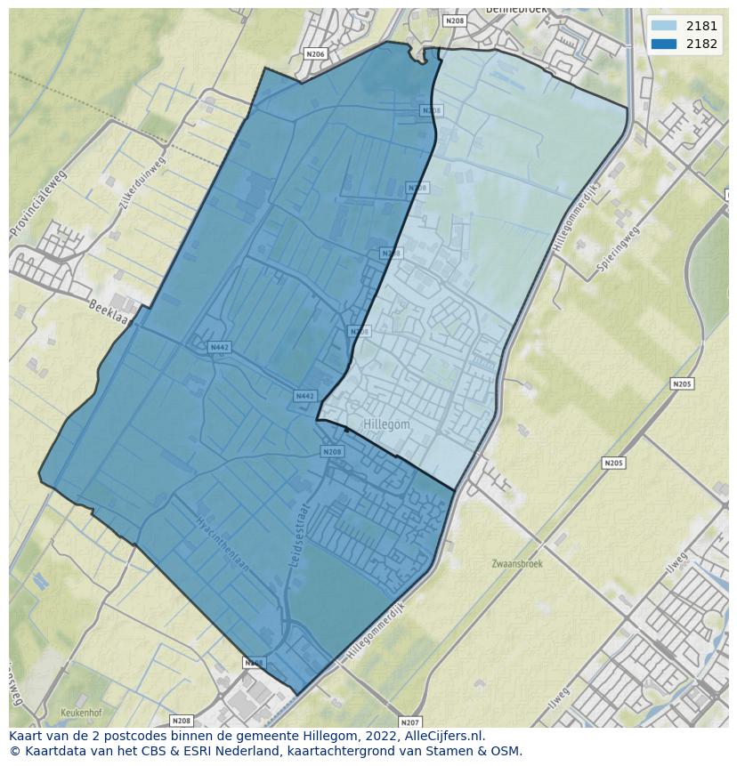 Afbeelding van de postcodes in de gemeente Hillegom op de kaart.