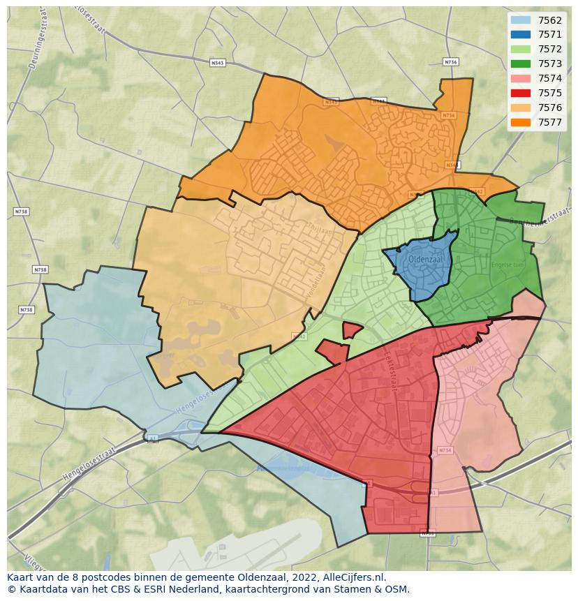 Afbeelding van de postcodes in de gemeente Oldenzaal op de kaart.