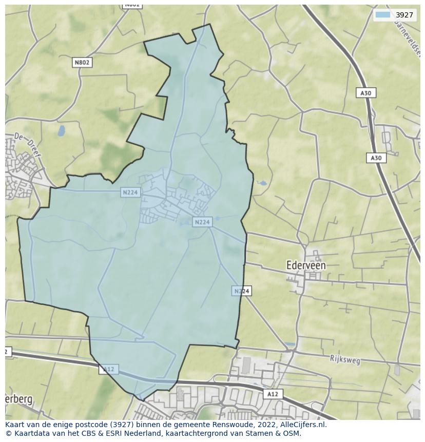 Afbeelding van de postcodes in de gemeente Renswoude op de kaart.