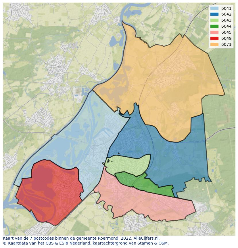 Afbeelding van de postcodes in de gemeente Roermond op de kaart.