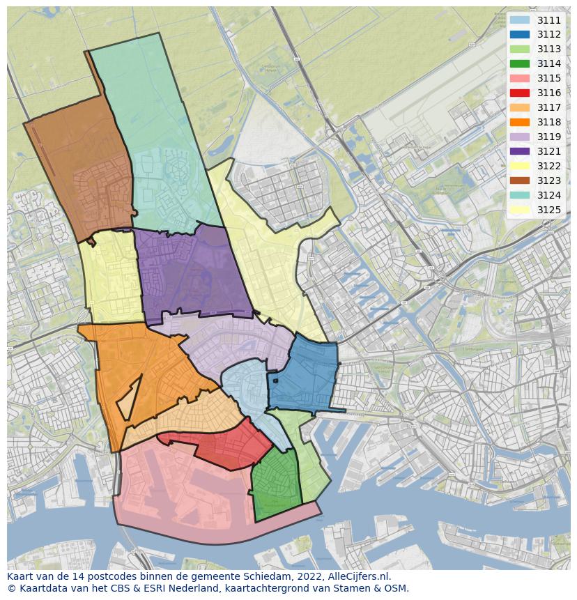 Afbeelding van de postcodes in de gemeente Schiedam op de kaart.