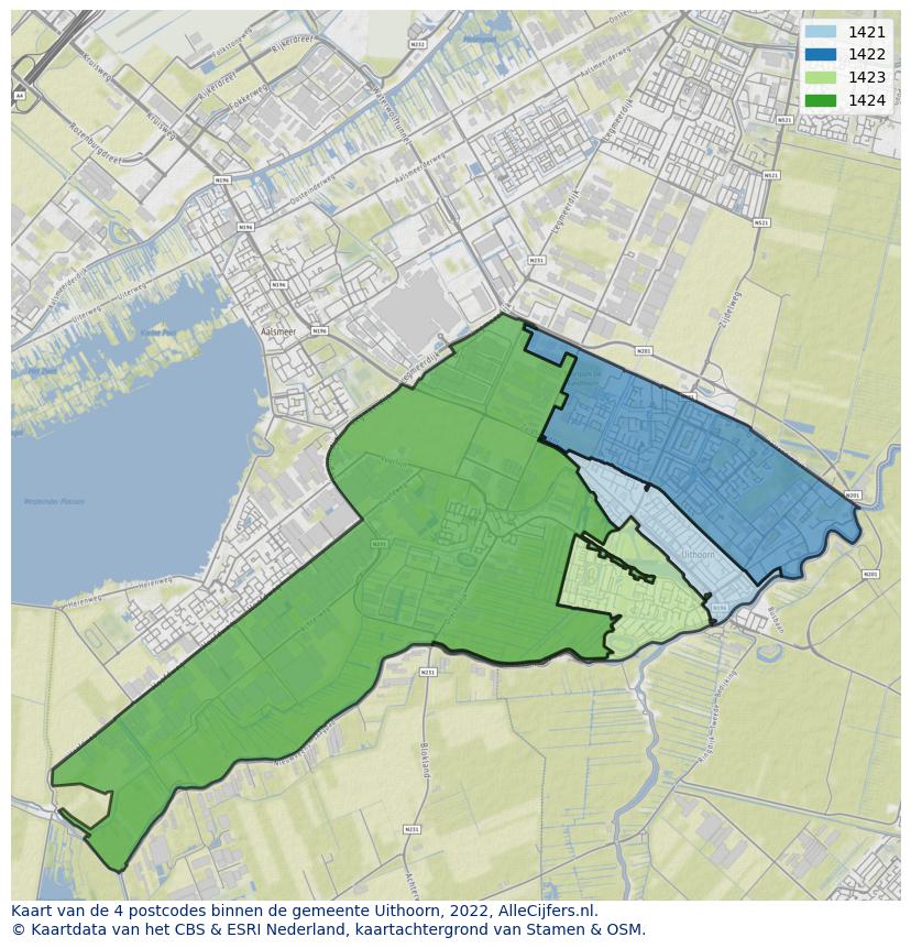 Afbeelding van de postcodes in de gemeente Uithoorn op de kaart.