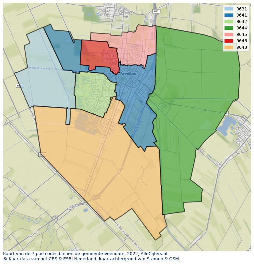 Afbeelding van de postcodes in de gemeente Veendam op de kaart.