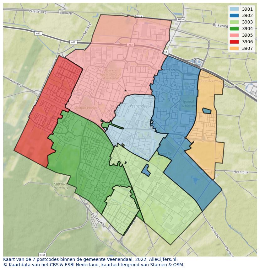 Afbeelding van de postcodes in de gemeente Veenendaal op de kaart.