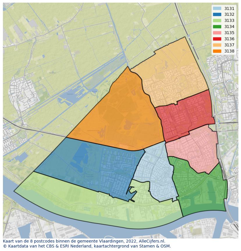 Afbeelding van de postcodes in de gemeente Vlaardingen op de kaart.