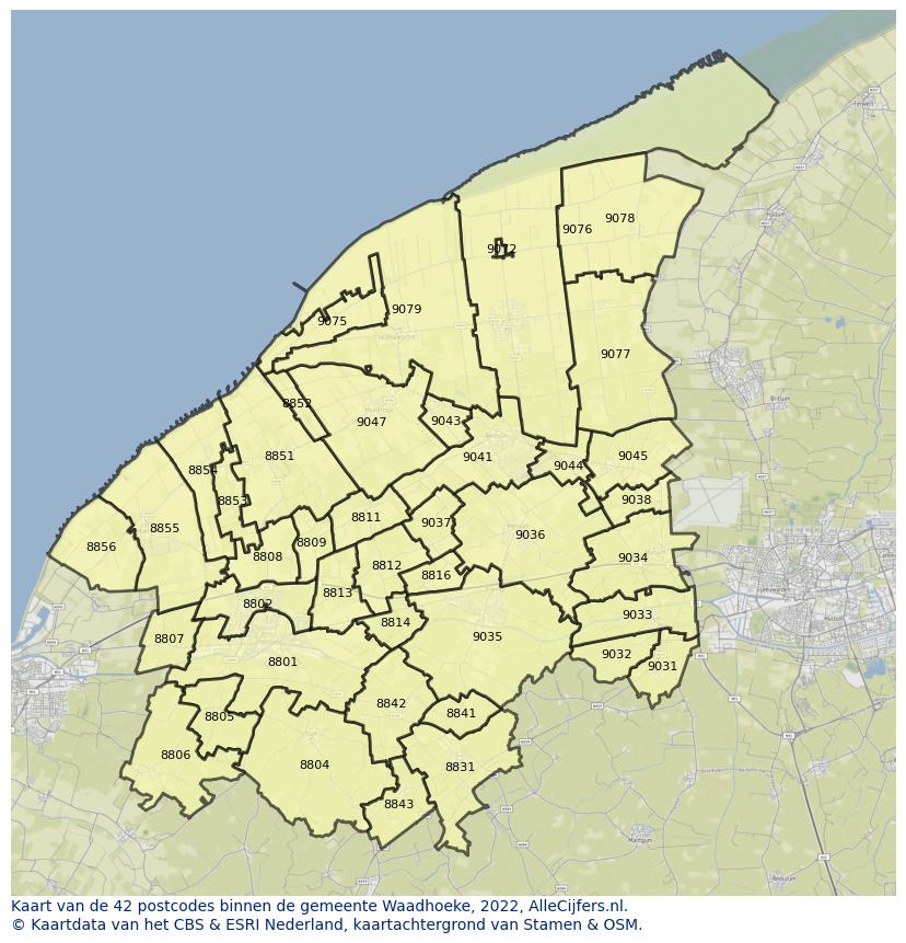 Afbeelding van de postcodes in de gemeente Waadhoeke op de kaart.