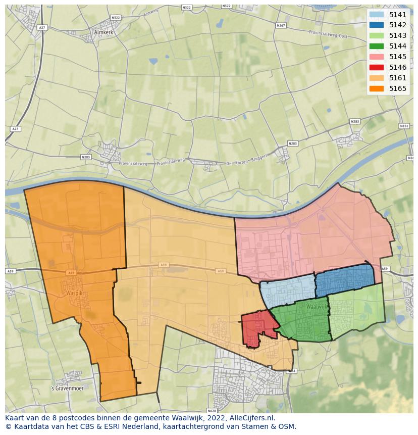 Afbeelding van de postcodes in de gemeente Waalwijk op de kaart.