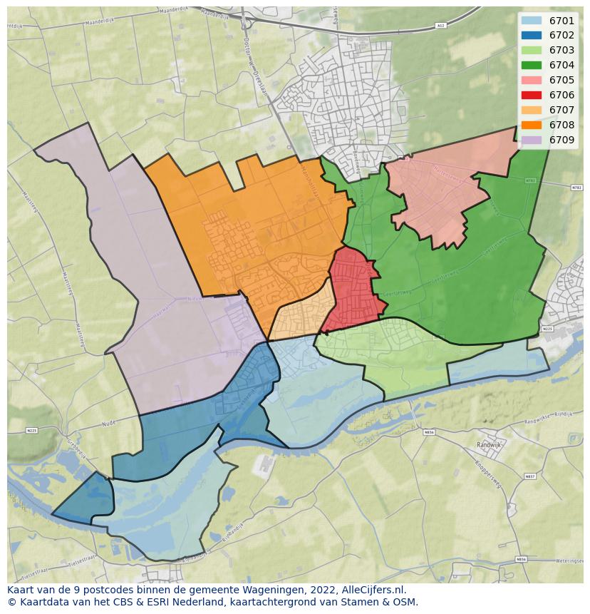 Afbeelding van de postcodes in de gemeente Wageningen op de kaart.