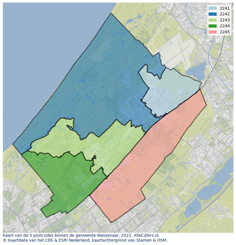 Afbeelding van de postcodes in de gemeente Wassenaar op de kaart.