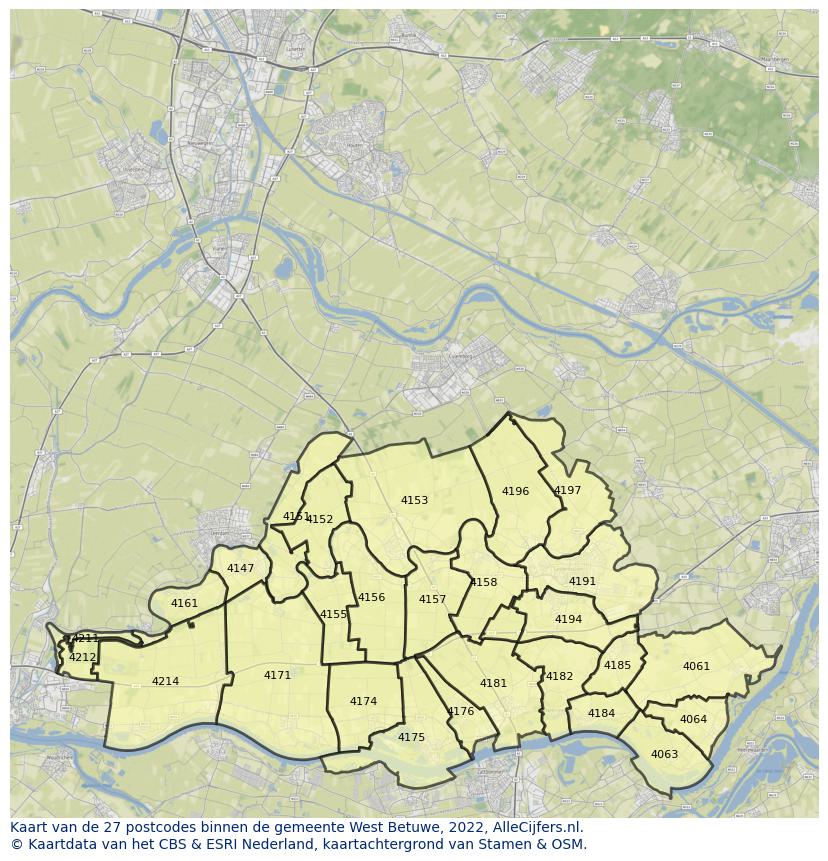 Afbeelding van de postcodes in de gemeente West Betuwe op de kaart.