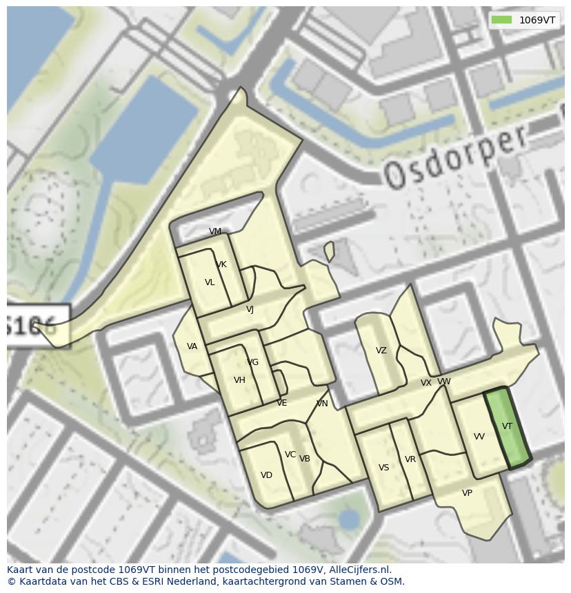Afbeelding van het postcodegebied 1069 VT op de kaart.
