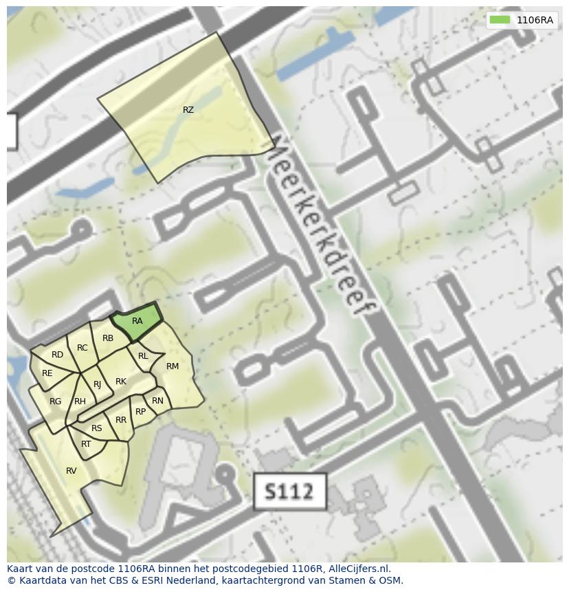 Afbeelding van het postcodegebied 1106 RA op de kaart.