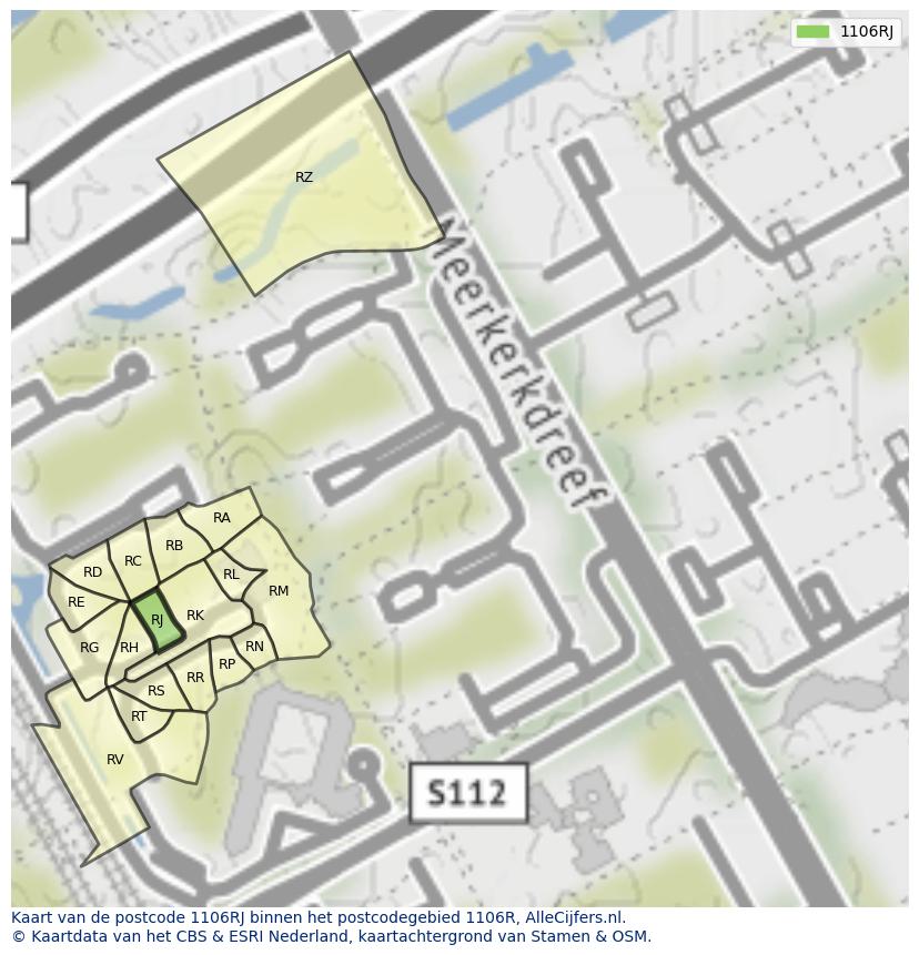 Afbeelding van het postcodegebied 1106 RJ op de kaart.