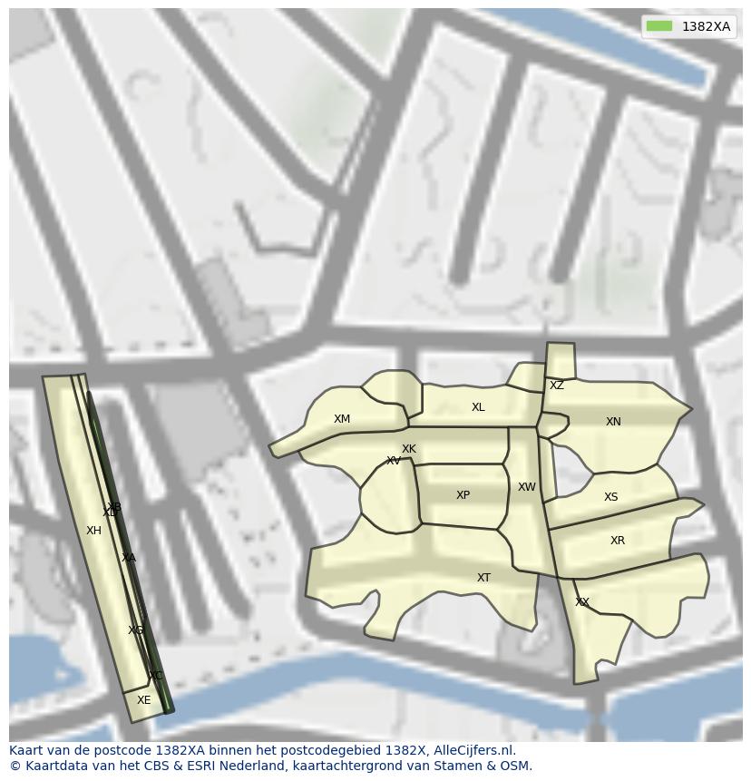 Afbeelding van het postcodegebied 1382 XA op de kaart.