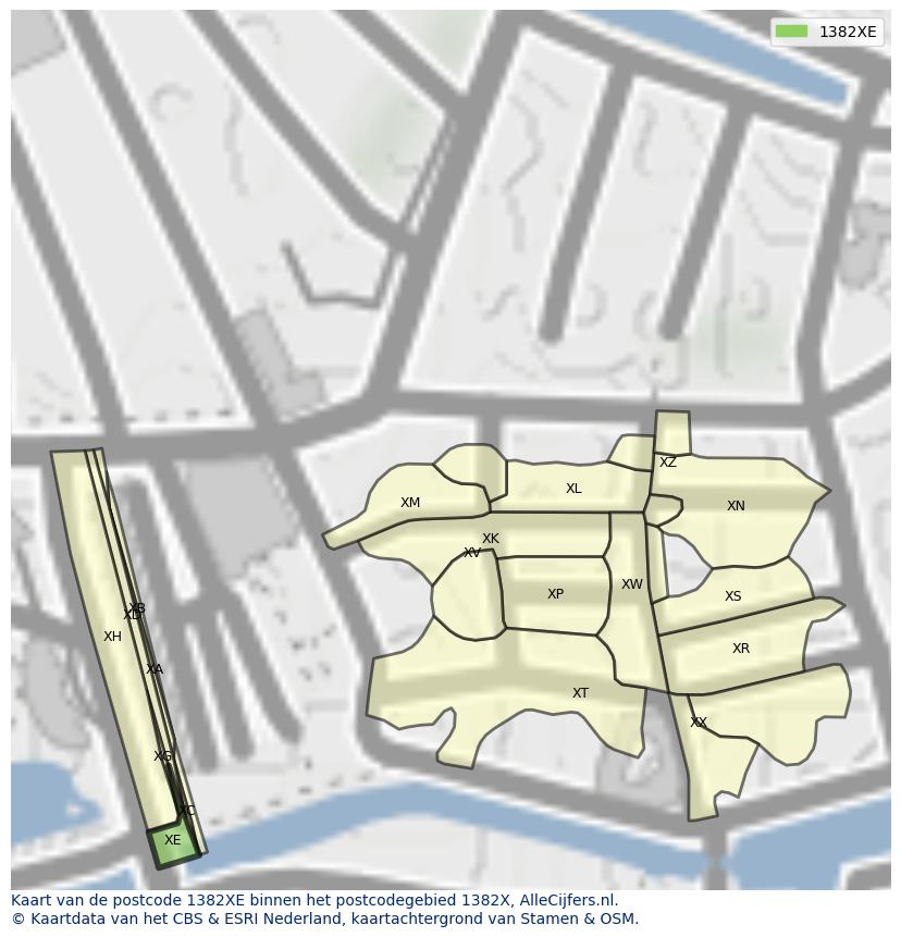 Afbeelding van het postcodegebied 1382 XE op de kaart.