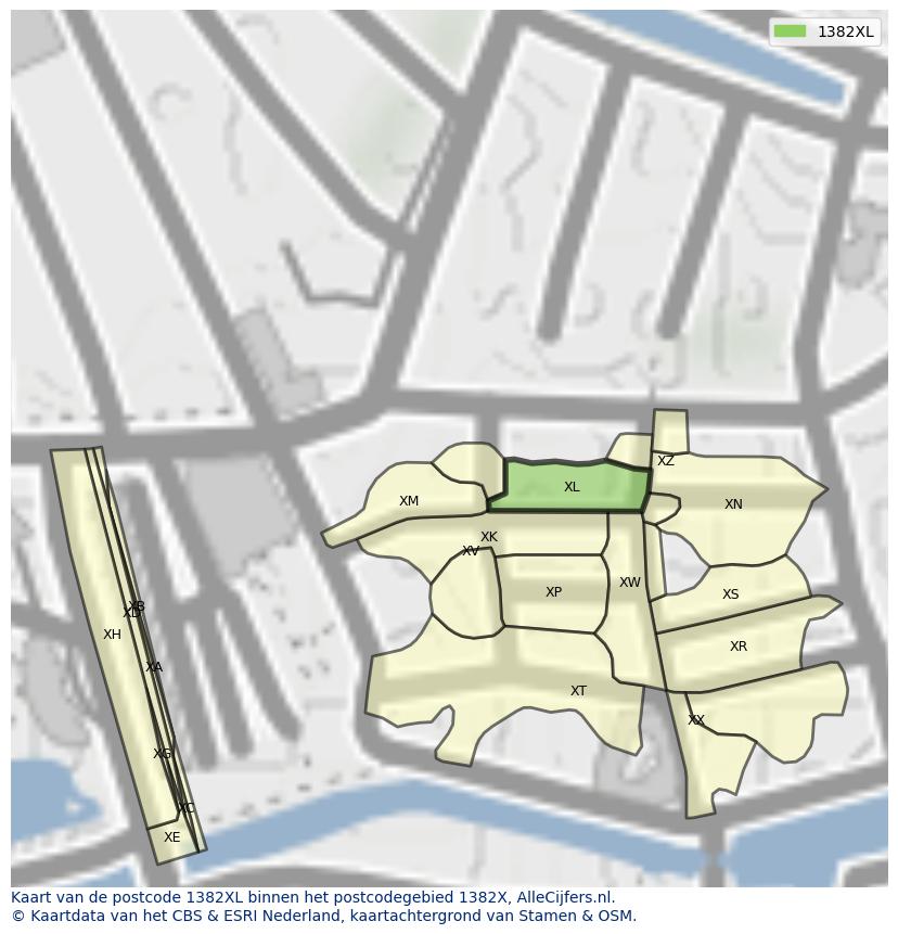 Afbeelding van het postcodegebied 1382 XL op de kaart.
