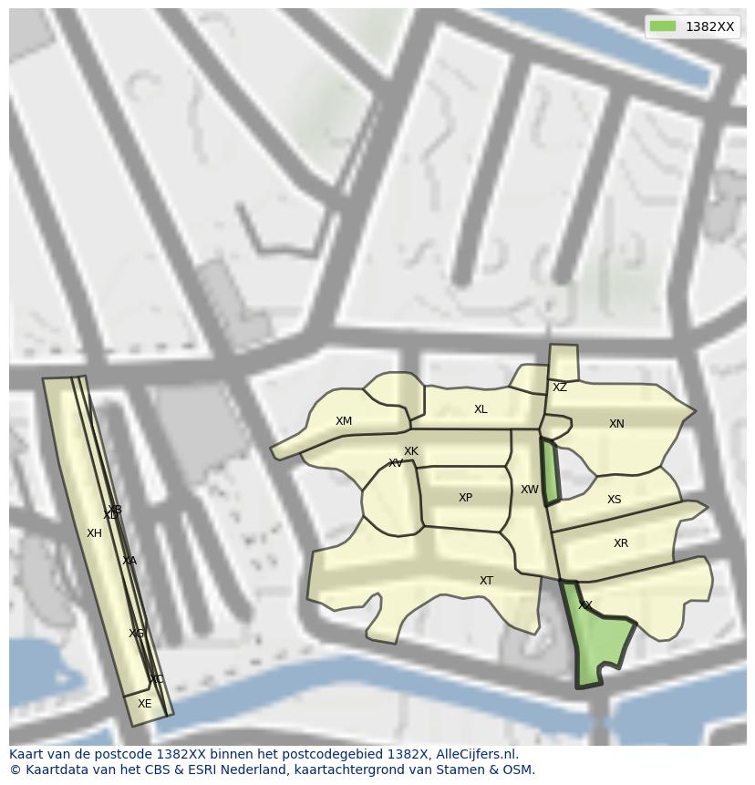 Afbeelding van het postcodegebied 1382 XX op de kaart.