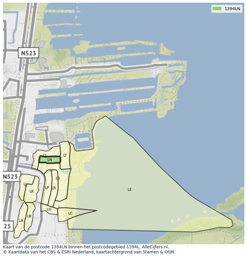 Afbeelding van het postcodegebied 1394 LN op de kaart.