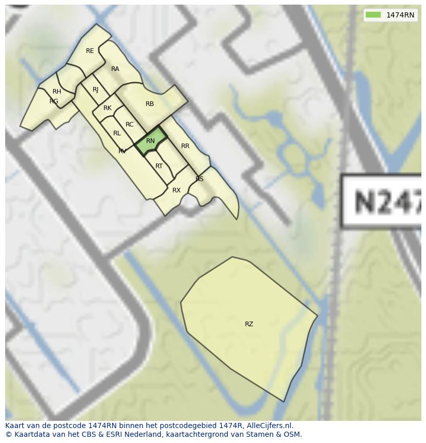 Afbeelding van het postcodegebied 1474 RN op de kaart.