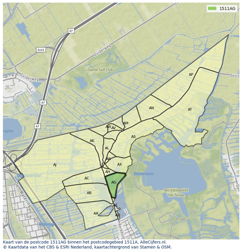 Afbeelding van het postcodegebied 1511 AG op de kaart.