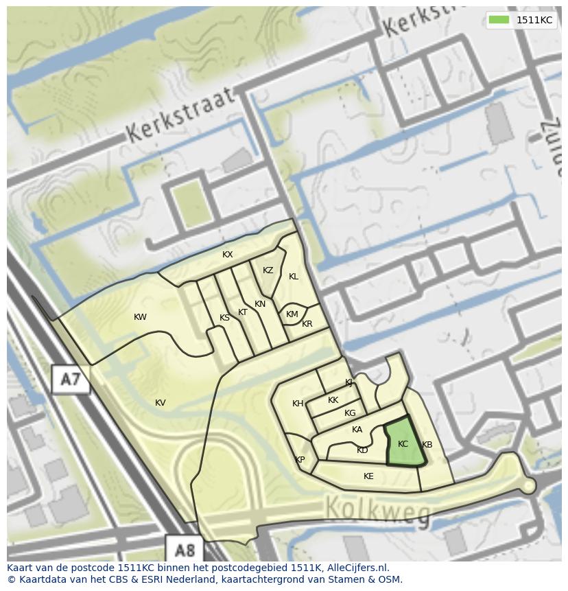 Afbeelding van het postcodegebied 1511 KC op de kaart.