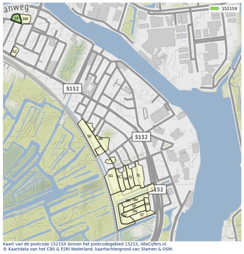 Afbeelding van het postcodegebied 1521 SX op de kaart.