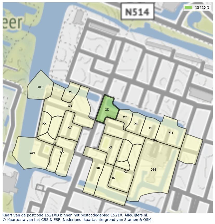 Afbeelding van het postcodegebied 1521 XD op de kaart.