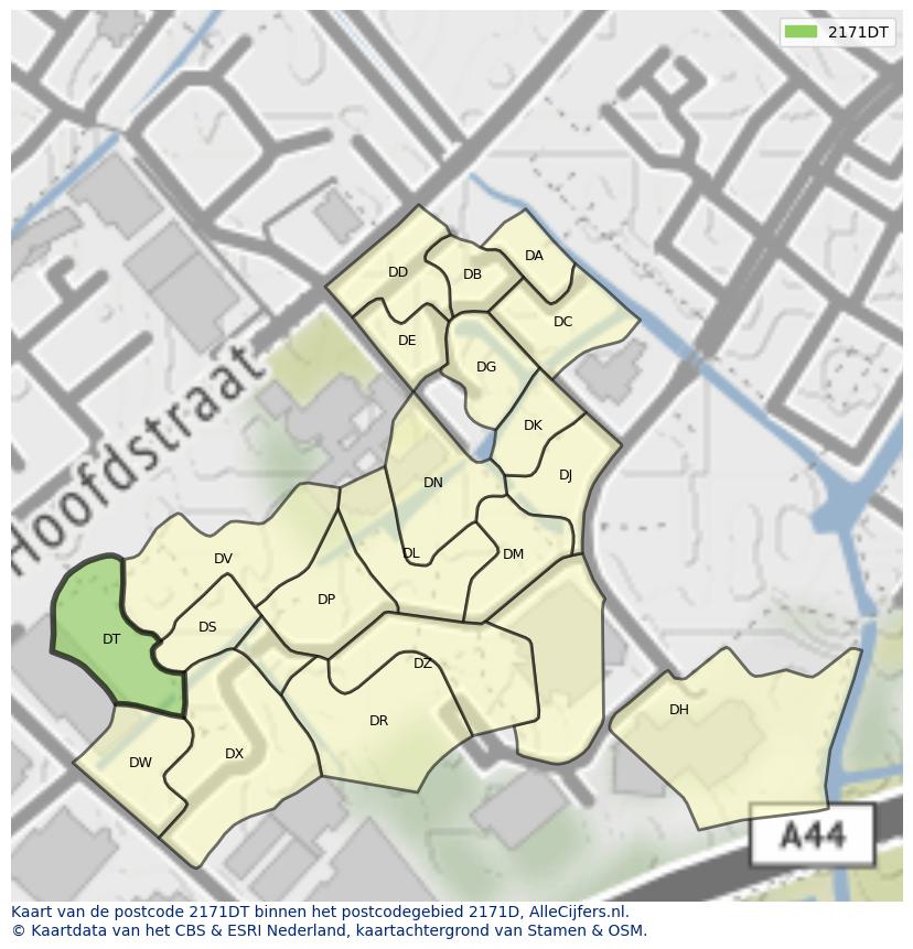 Afbeelding van het postcodegebied 2171 DT op de kaart.