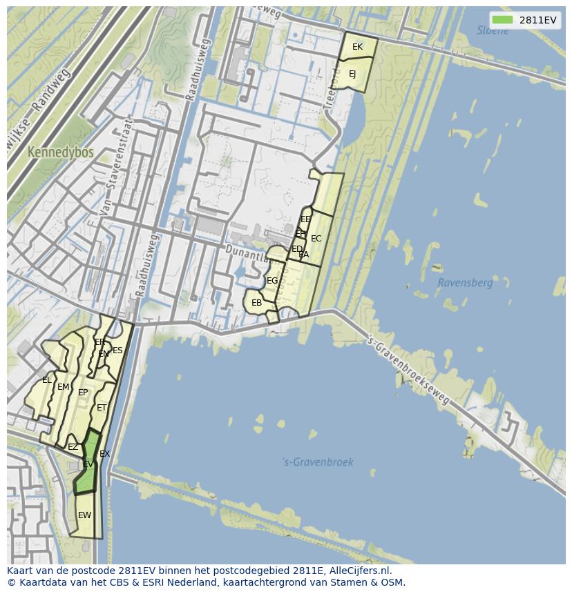 Afbeelding van het postcodegebied 2811 EV op de kaart.
