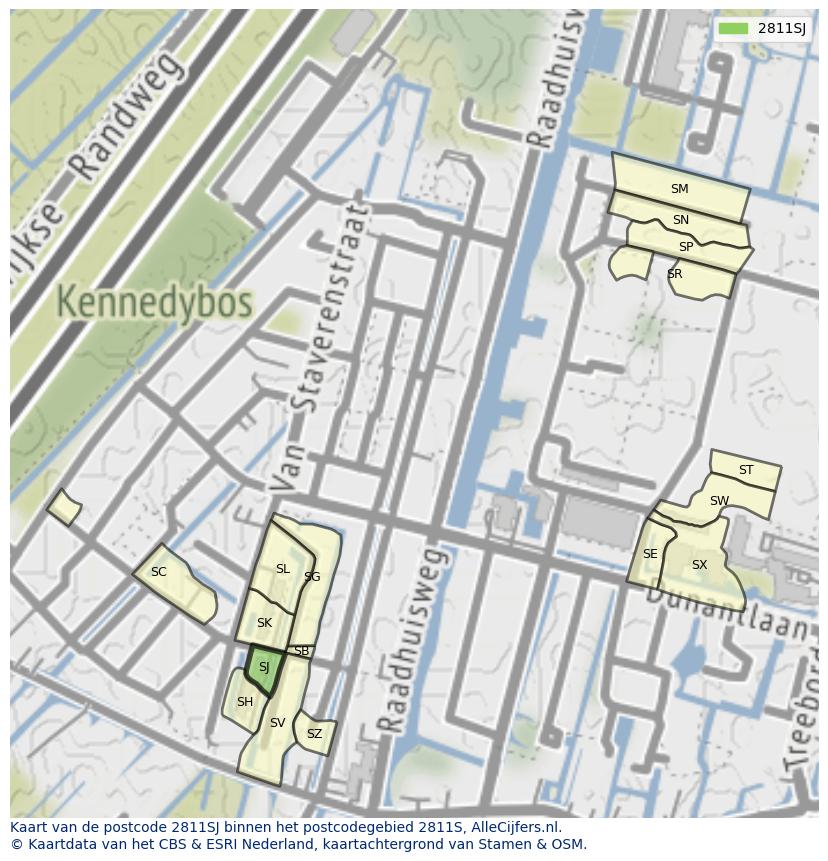 Afbeelding van het postcodegebied 2811 SJ op de kaart.