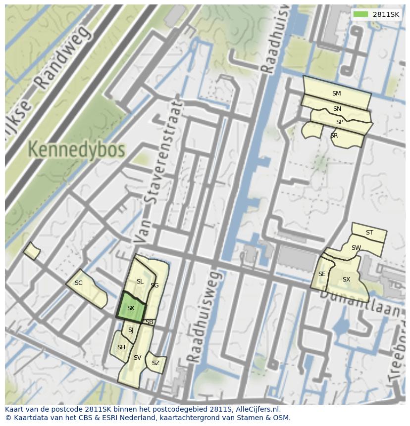 Afbeelding van het postcodegebied 2811 SK op de kaart.