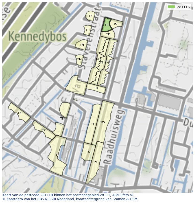 Afbeelding van het postcodegebied 2811 TB op de kaart.