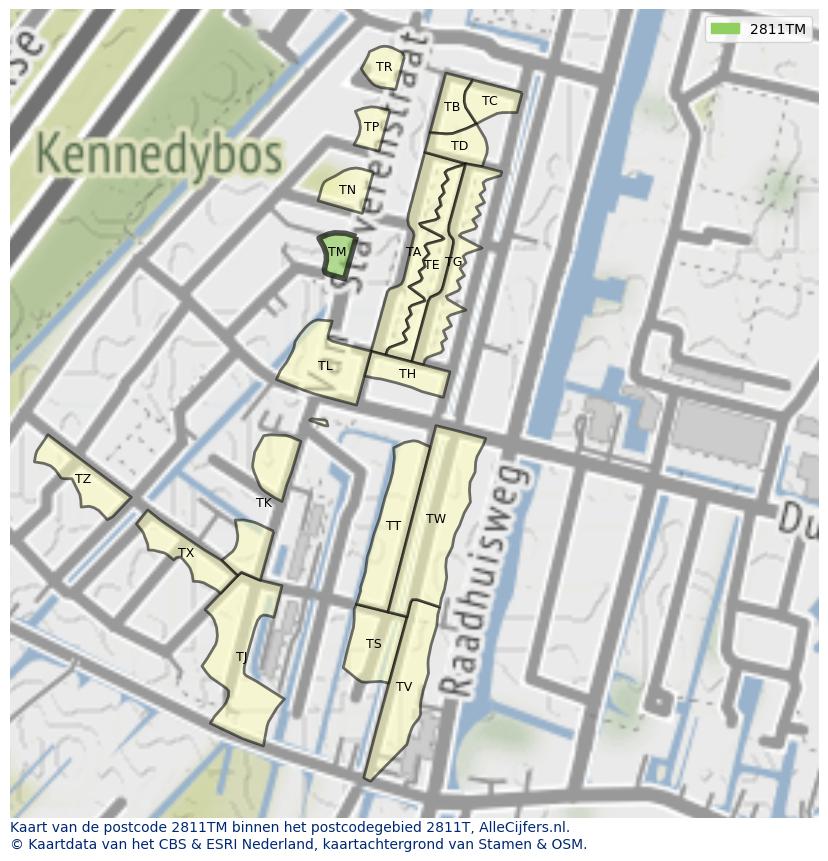 Afbeelding van het postcodegebied 2811 TM op de kaart.