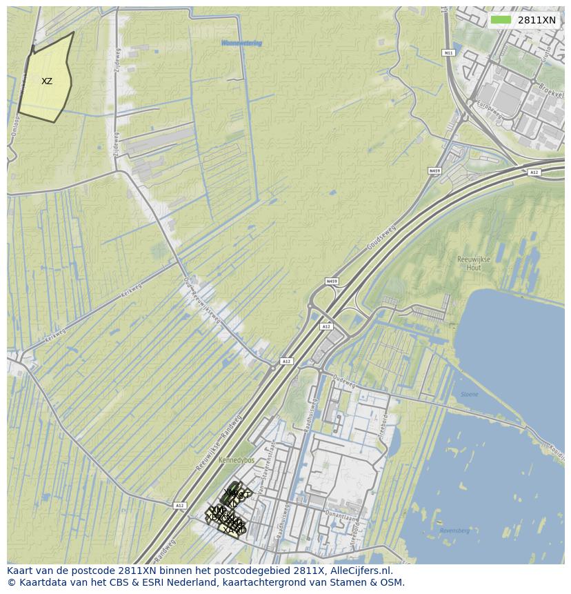 Afbeelding van het postcodegebied 2811 XN op de kaart.