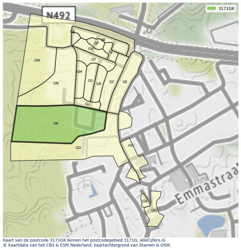 Afbeelding van het postcodegebied 3171 GK op de kaart.