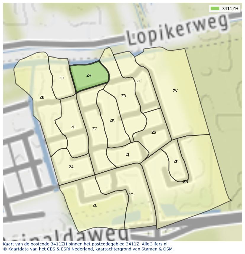 Afbeelding van het postcodegebied 3411 ZH op de kaart.