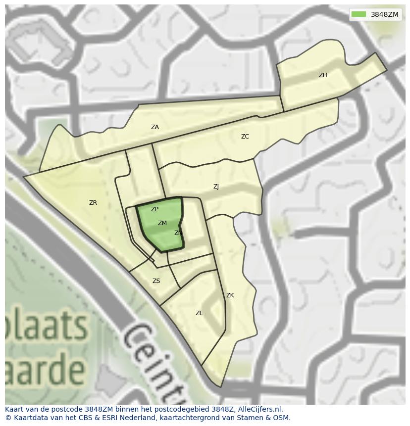 Afbeelding van het postcodegebied 3848 ZM op de kaart.
