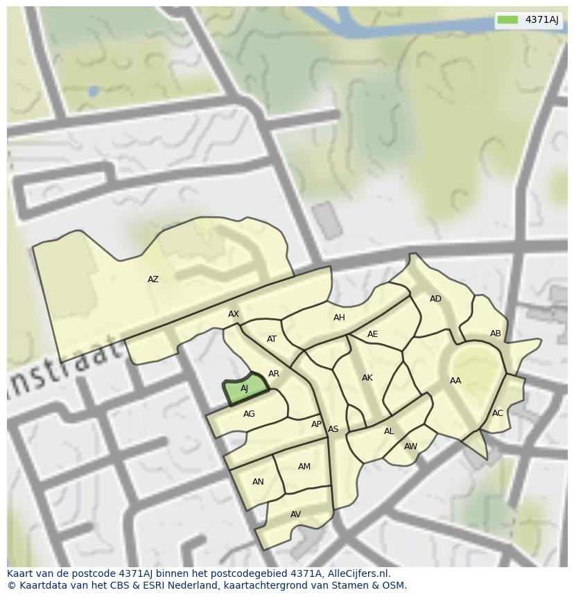Afbeelding van het postcodegebied 4371 AJ op de kaart.