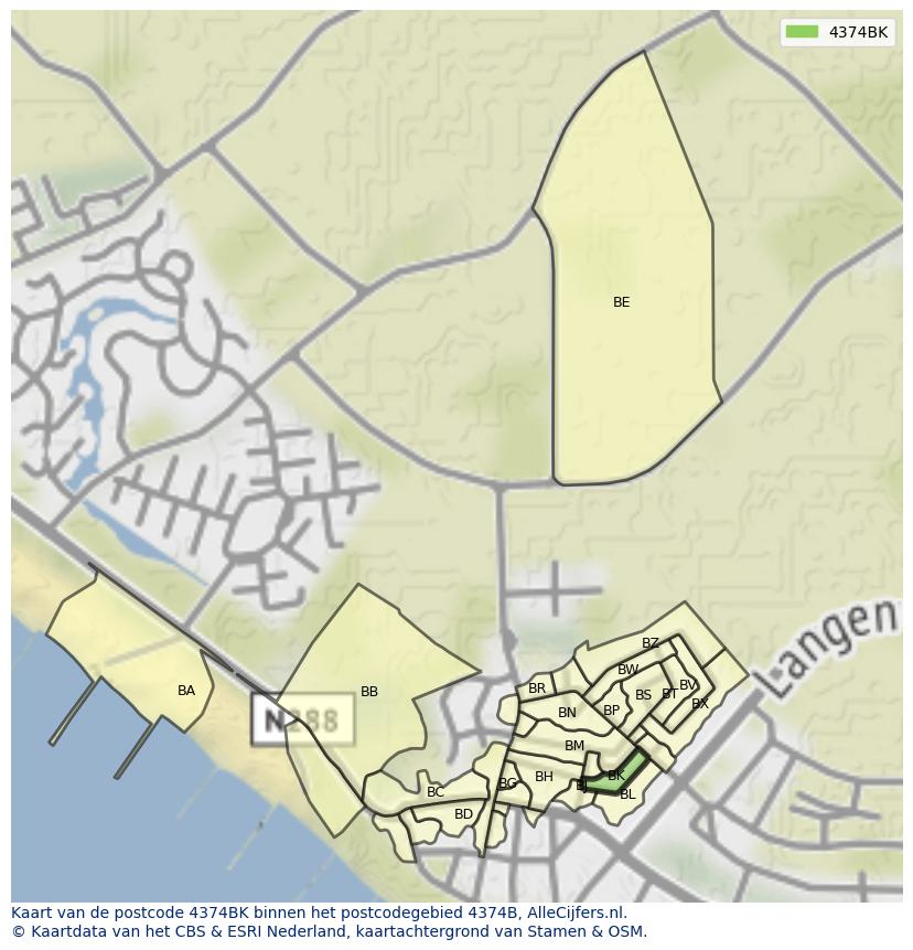 Afbeelding van het postcodegebied 4374 BK op de kaart.