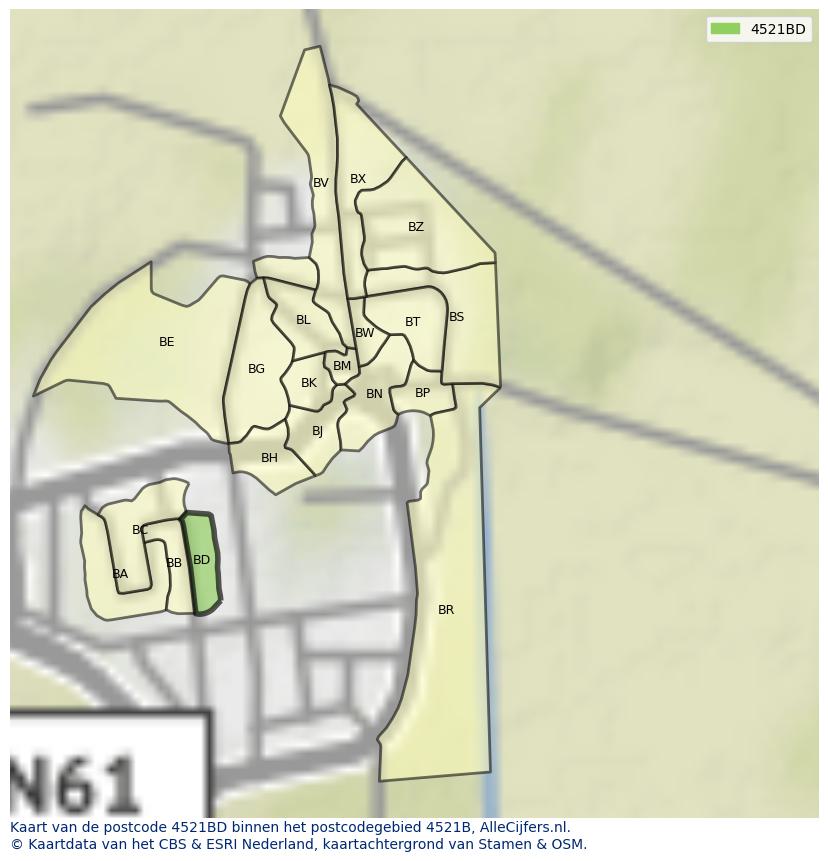 Afbeelding van het postcodegebied 4521 BD op de kaart.
