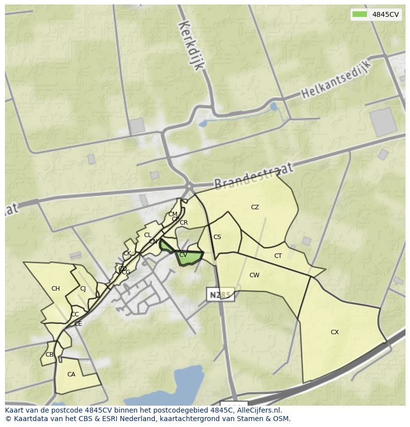 Afbeelding van het postcodegebied 4845 CV op de kaart.