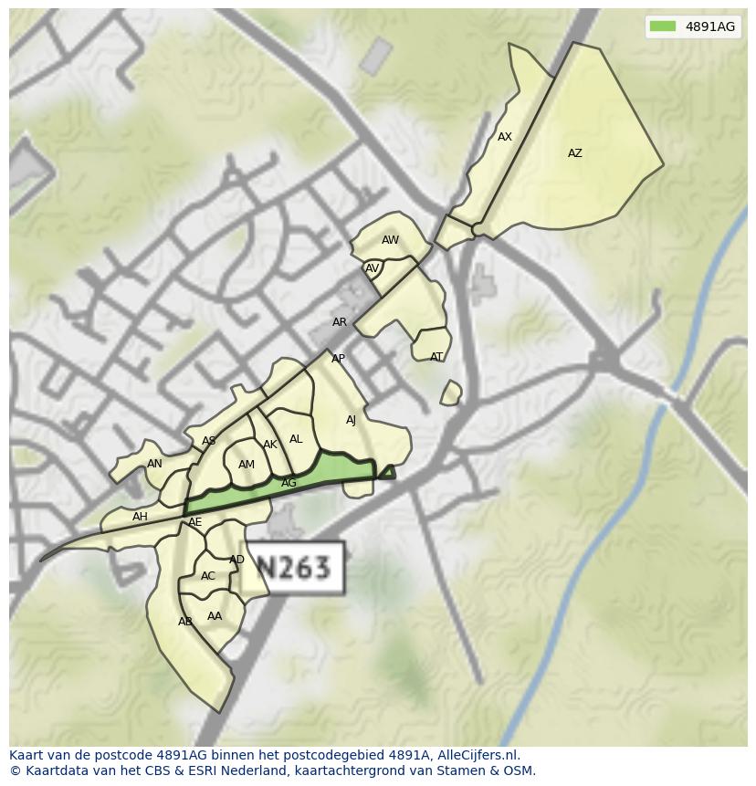 Afbeelding van het postcodegebied 4891 AG op de kaart.