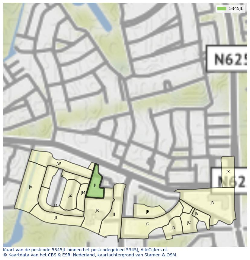 Afbeelding van het postcodegebied 5345 JL op de kaart.