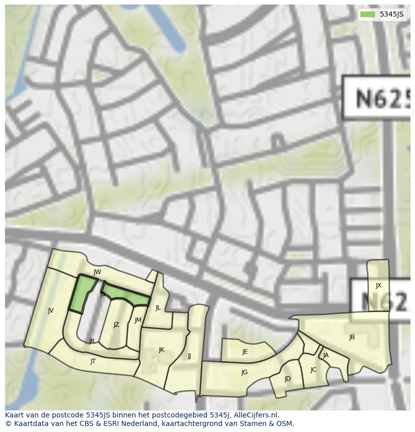 Afbeelding van het postcodegebied 5345 JS op de kaart.