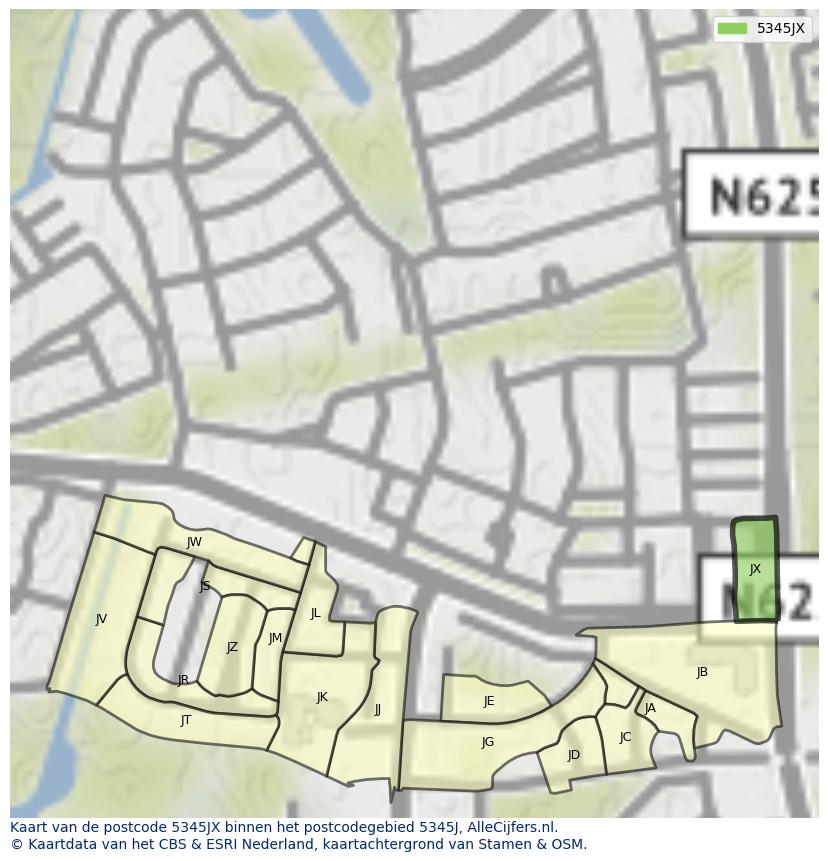 Afbeelding van het postcodegebied 5345 JX op de kaart.